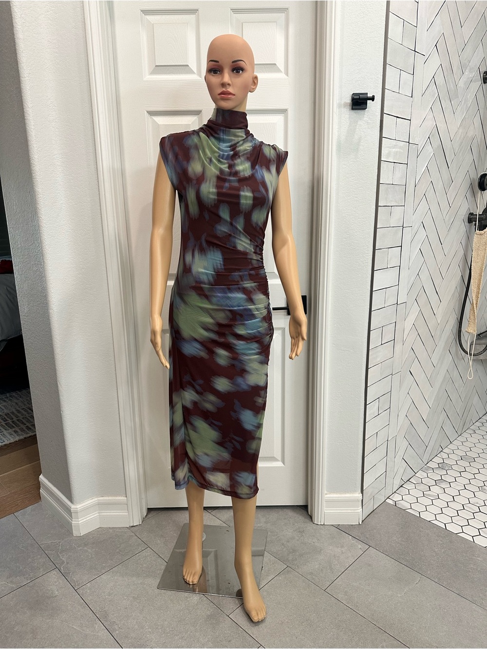 Anthropologie Mock-Neck Sleeveless Midi Dress in Brown , Olive & Blue